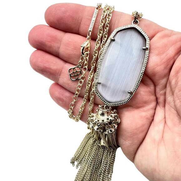 Kendra Scott Rayne Necklace Gold Tone Grey Slate Cats Eye Tassle Pendant - Picture 2 of 5